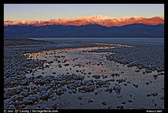 Salt pool and sunrise over the Panamints. Death Valley National Park (color)