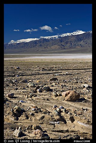 Rock field, salt flats, and Panamint Range, morning. Death Valley National Park (color)
