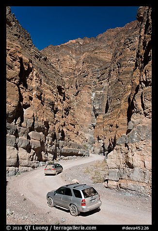 Cars in narrows, Titus Canyon. Death Valley National Park (color)