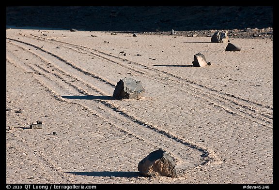 Gliding rocks and trails the Racetrack playa. Death Valley National Park, California, USA.