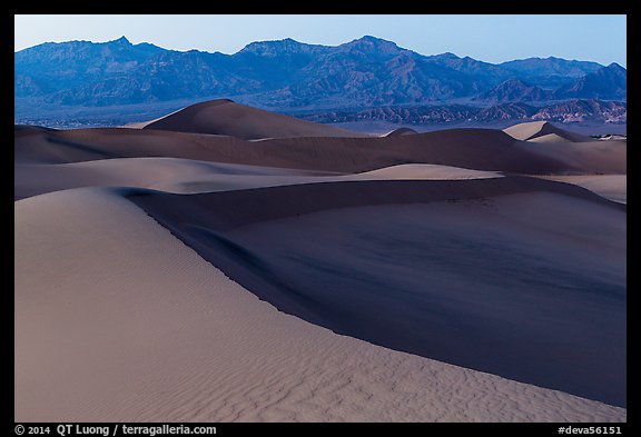 Mesquite Sand dunes and Amargosa Range at dusk. Death Valley National Park (color)