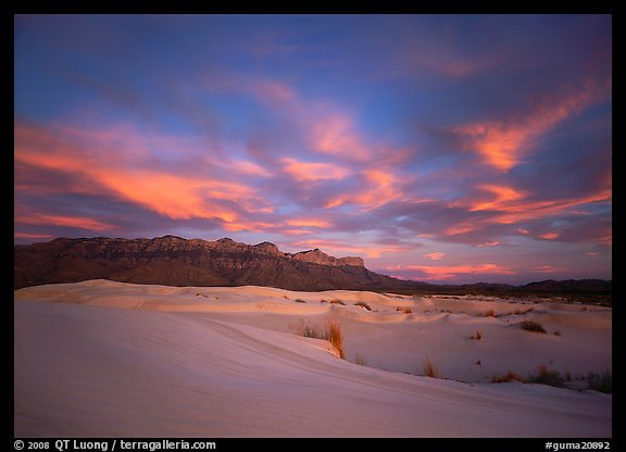 White sand dunes, Guadalupe range, and clouds at sunset. Guadalupe Mountains National Park (color)