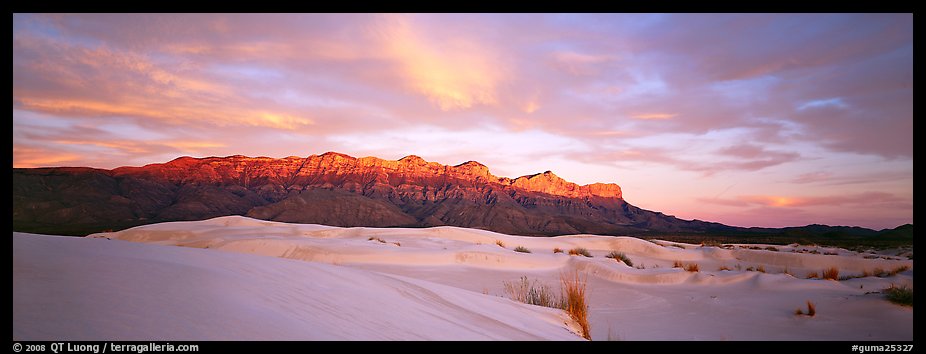 Desert and mountain scenery with gypsum dunes at sunset. Guadalupe Mountains National Park, Texas, USA.
