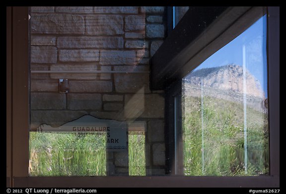 Mountain, visitor center window reflexion. Guadalupe Mountains National Park, Texas, USA.