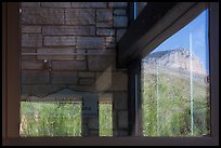 Mountain, visitor center window reflexion. Guadalupe Mountains National Park, Texas, USA. (color)