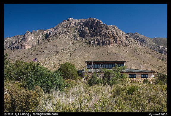 Visitor center and Hunter Peak. Guadalupe Mountains National Park, Texas, USA.