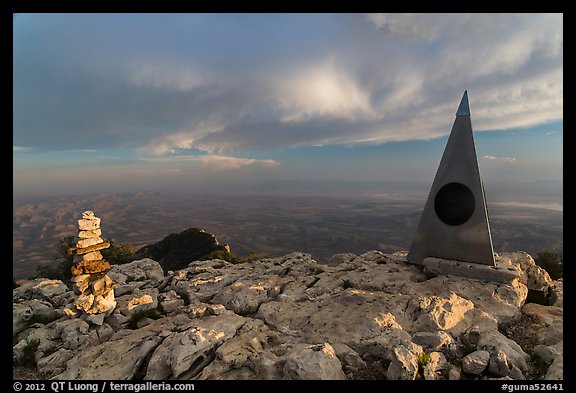 Cairn and monument on summit of Guadalupe Peak. Guadalupe Mountains National Park, Texas, USA.