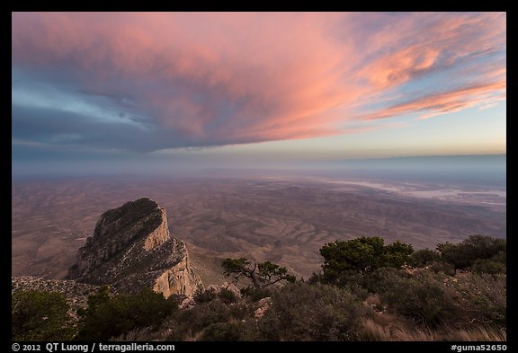 Guadalupe Peak summit and El Capitan backside with sunset cloud. Guadalupe Mountains National Park (color)