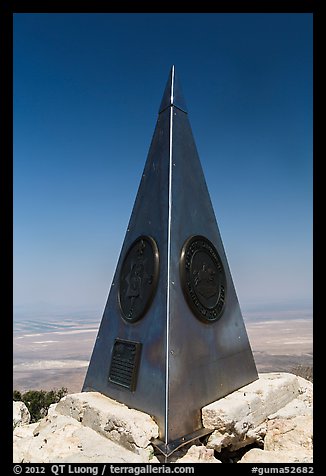 Stainless steel monument placed by American Airlines in the 1950s on top of Guadalupe Peak. Guadalupe Mountains National Park, Texas, USA.