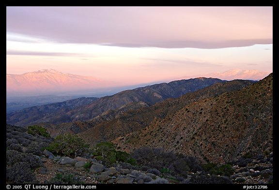 Mt San Jacinto and Signal Mountain from Keys View, sunrise. Joshua Tree National Park, California, USA.