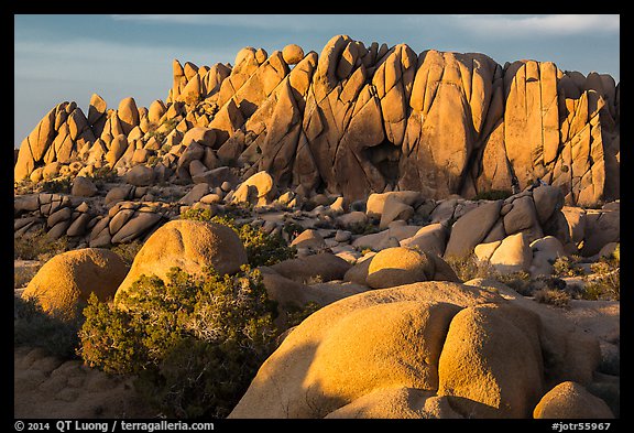 Rock wall with marble rocks at sunset, Jumbo Rocks. Joshua Tree National Park (color)