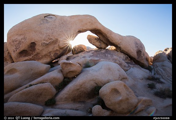 Boulders, Arch Rock, and sun. Joshua Tree National Park (color)