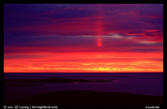 Sun pillar from Cadillac mountain. Acadia National Park, Maine, USA.