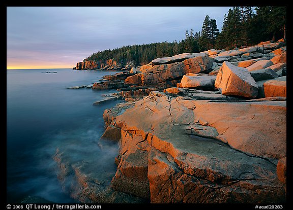 Granite slabs and Otter Point at sunrise. Acadia National Park (color)