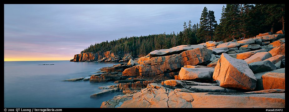 Rocky ocean coast at sunrise, Otter Point. Acadia National Park, Maine, USA.