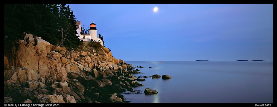 Dusk seascape with lightouse, moon, and reflection. Acadia National Park (color)