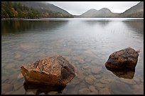 Two boulders in Jordan Pond on foggy morning. Acadia National Park, Maine, USA.