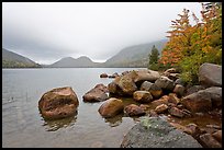 Boulders, autumn colors, and Bubbles, Jordan Pond. Acadia National Park, Maine, USA.
