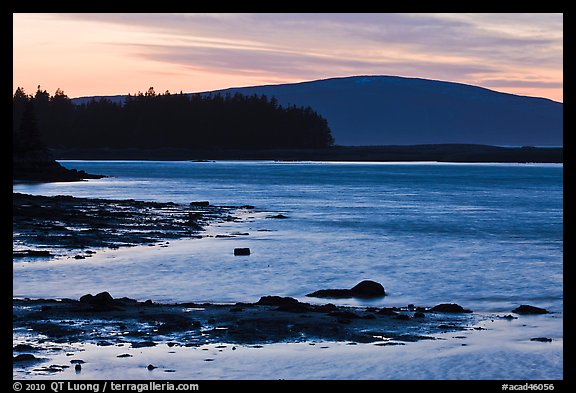 Pond and Cadillac Mountain at sunset, Schoodic Peninsula. Acadia National Park, Maine, USA.