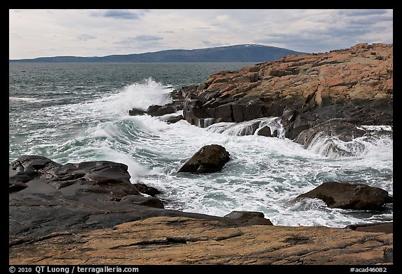 Wave, Schoodic Point, and Cadillac Mountain. Acadia National Park, Maine, USA.