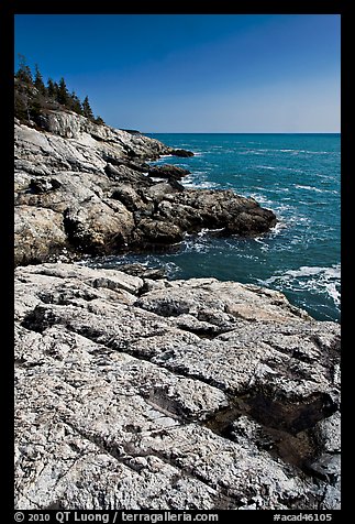 Rocky ocean shoreline, Isle Au Haut. Acadia National Park, Maine, USA.