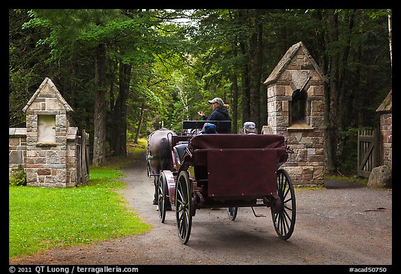 Carriage passing through carriage road gate. Acadia National Park, Maine, USA.