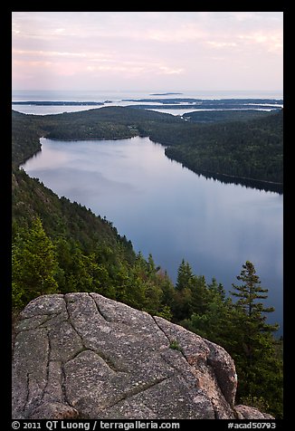Jordan Pond and islands from Bubbles in summer. Acadia National Park, Maine, USA.