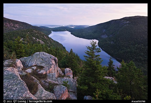 Forested hills and Jordan pond from above at dusk. Acadia National Park (color)
