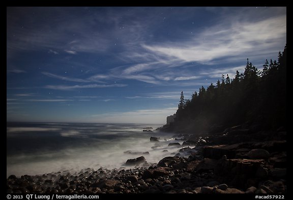 Coastline and Otter Cliffs at night. Acadia National Park, Maine, USA.