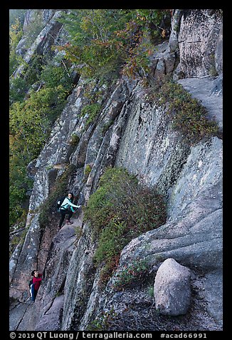 Hikers scaling cliff with iron rungs. Acadia National Park, Maine, USA.