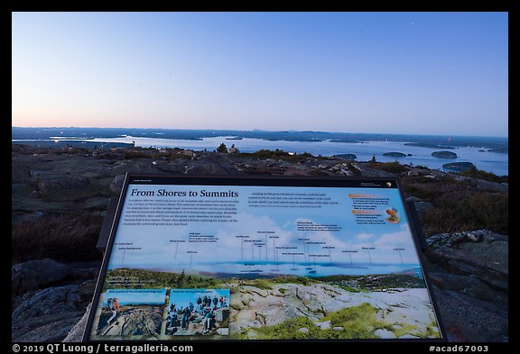 From Shores to Summits interpretive sign, Cadillac Mountain. Acadia National Park, Maine, USA.