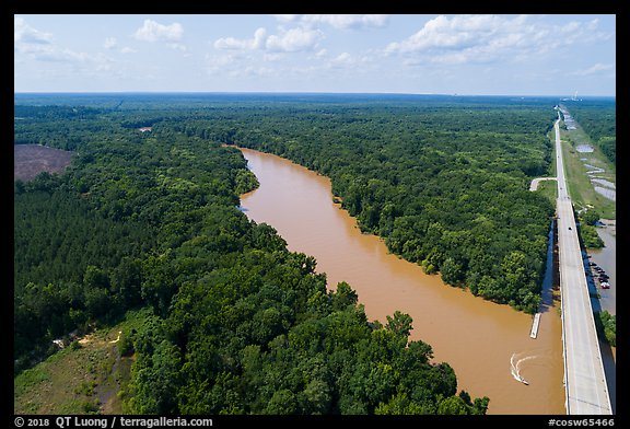 Aerial view of Congaree River, Bates Bridge and flooded landing. Congaree National Park (color)