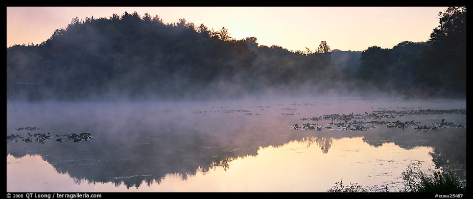 Fog rising of lake at dawn. Cuyahoga Valley National Park, Ohio, USA.