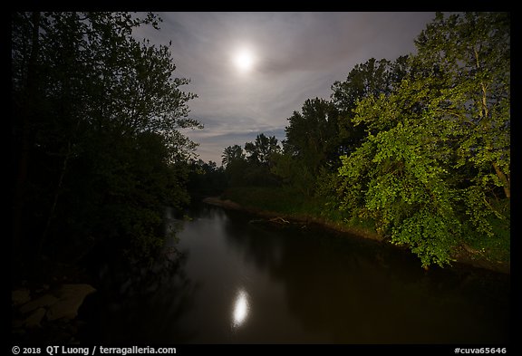Cuyahoga River and moon at night. Cuyahoga Valley National Park (color)