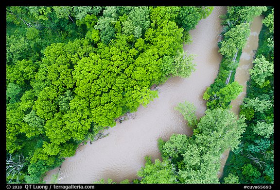 Aerial view of Cuyahoga River and Ohio Erie Canal looking down. Cuyahoga Valley National Park, Ohio, USA.