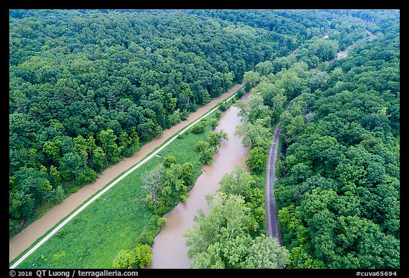 Aerial view of Ohio Erie Canal, Towpath Trail, Cuyahoga River, Scenic Railroad. Cuyahoga Valley National Park, Ohio, USA.
