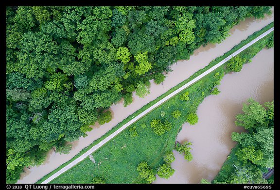 Aerial view of Ohio Erie Canal, Towpath Trail and Cuyahoga River. Cuyahoga Valley National Park, Ohio, USA.
