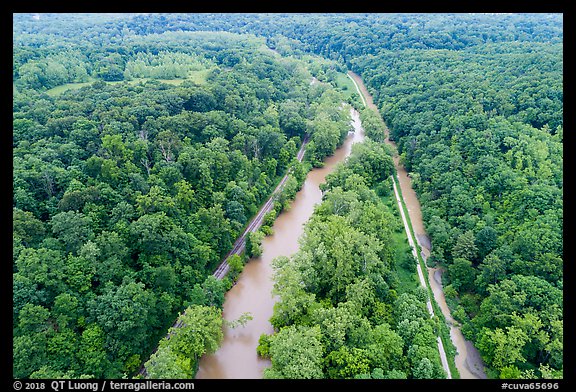 Aerial view of Scenic Railroad along Cuyahoga River and Towpath Trail along Ohio Erie Canal. Cuyahoga Valley National Park, Ohio, USA.