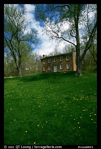 Frazee house with spring wildflowers. Cuyahoga Valley National Park, Ohio, USA.