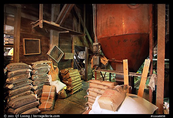 Grain distributor and bags of  seeds in Wilson feed mill. Cuyahoga Valley National Park, Ohio, USA.
