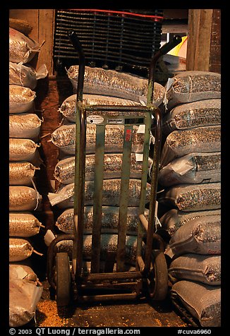 Bags of bird seeds in Wilson Feed Mill. Cuyahoga Valley National Park, Ohio, USA.