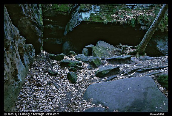 Ice box cave in a cliff at The Ledges. Cuyahoga Valley National Park, Ohio, USA.