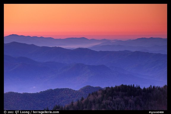 Blue ridges and orange dawn glow from Clingman's dome, North Carolina. Great Smoky Mountains National Park, USA.