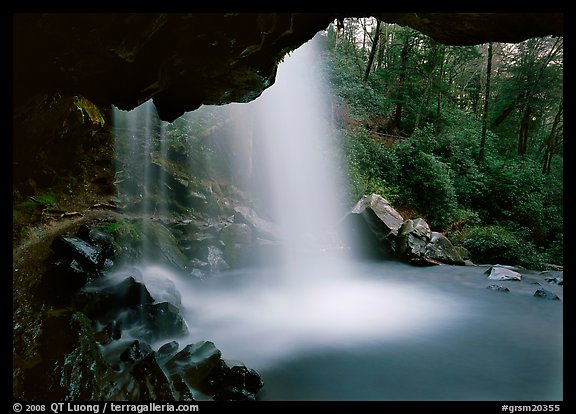 Grotto falls seen from under overhang, Tennessee. Great Smoky Mountains National Park (color)