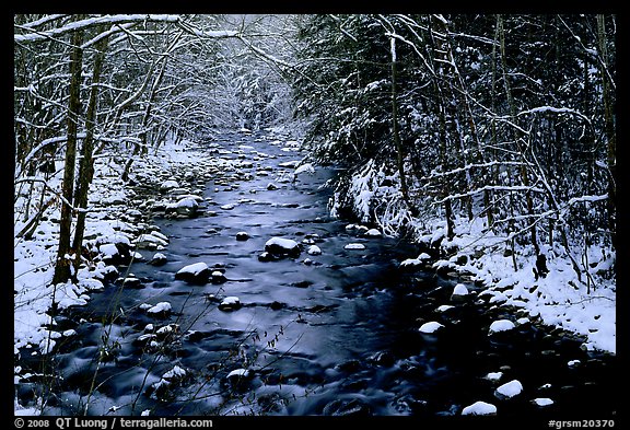Snowy creek in winter. Great Smoky Mountains National Park, USA.