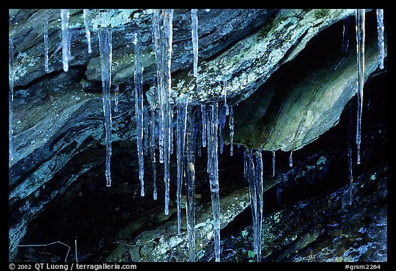 Rock, Icicles and snow, Tennessee. Great Smoky Mountains National Park, USA.