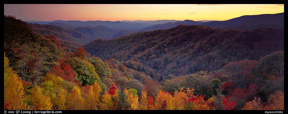 Appalachian autunm landscape of hills with trees in colorful foliage at sunset. Great Smoky Mountains National Park (color)