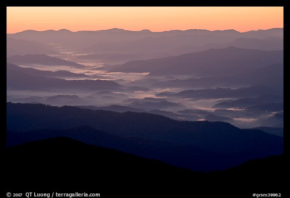 Ridges and valley fog seen from Clingman Dome, sunrise, North Carolina. Great Smoky Mountains National Park, USA.