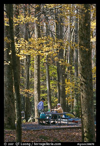 Family at picnic table in autumn forest, Tennessee. Great Smoky Mountains National Park, USA.