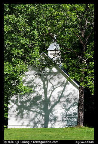 Palmer Chapel with tree shadow, Big Cataloochee, North Carolina. Great Smoky Mountains National Park, USA.